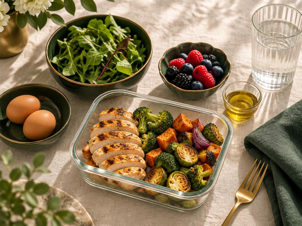 Protocolo nutricional para preparo de cirurgia plástica: proteína magra, ovos, verduras frescas, frutas vermelhas, azeite e água em uma mesa clara